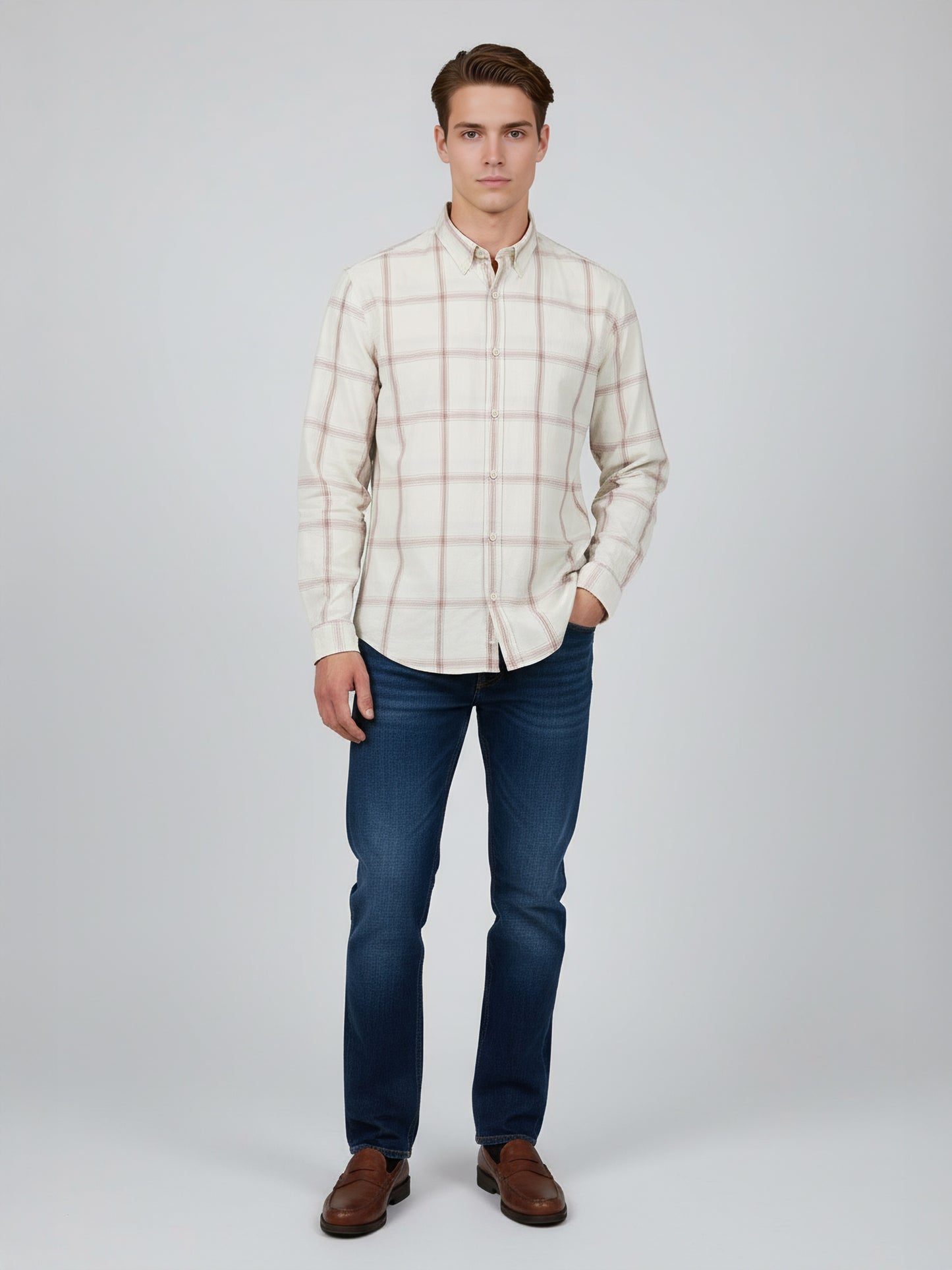 Celio* Men Beige Checked Regular Fit Cotton Shirts