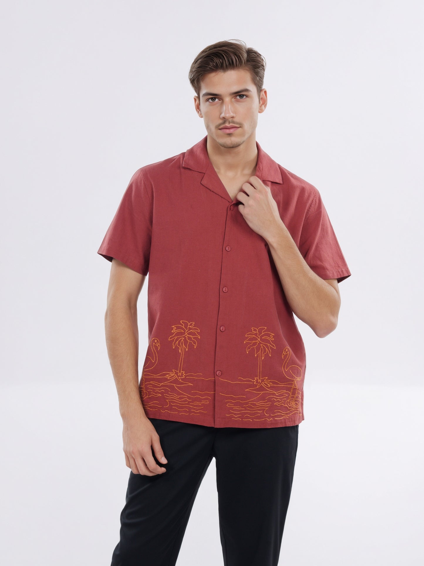 Celio* Men Red Embroidered Boxy Cotton Shirt