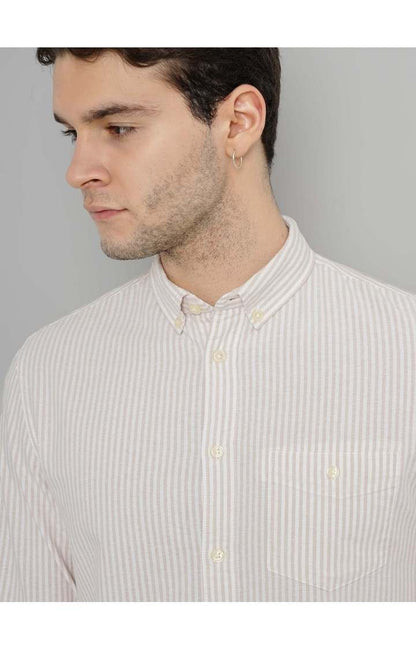 Celio* Striped Regular Fit Cotton Beige Shirt