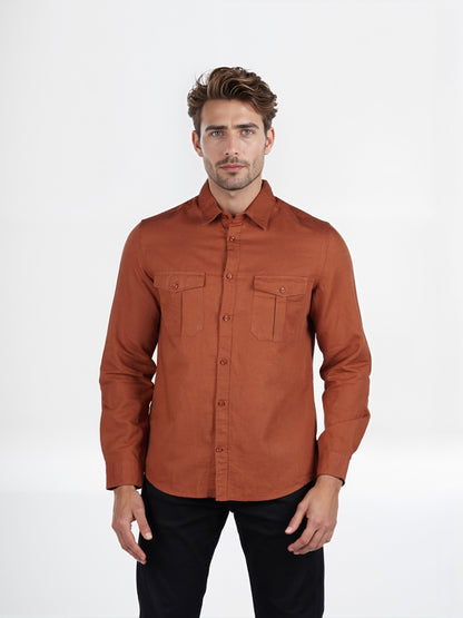 Celio* Solid Regular Fit Cotton-Linen Orange Shirt