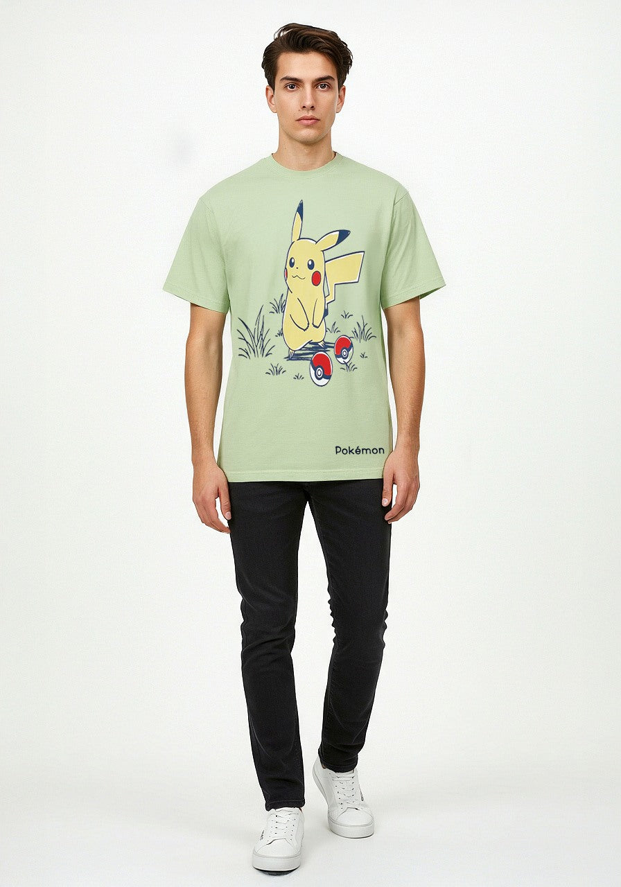 Celio* Pokemon Men Green Printed Regular Fit Cotton T-shirt