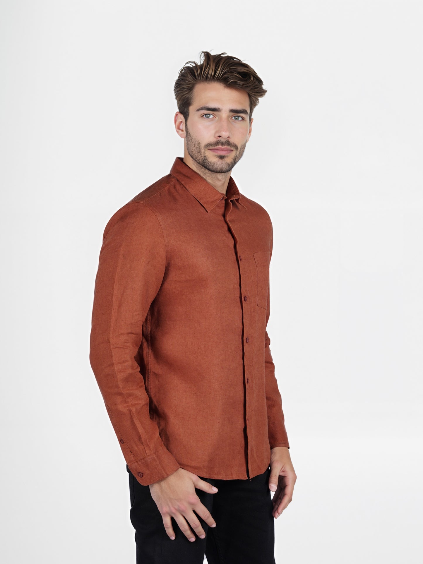 Celio* Solid Regular Fit Linen Orange Shirt