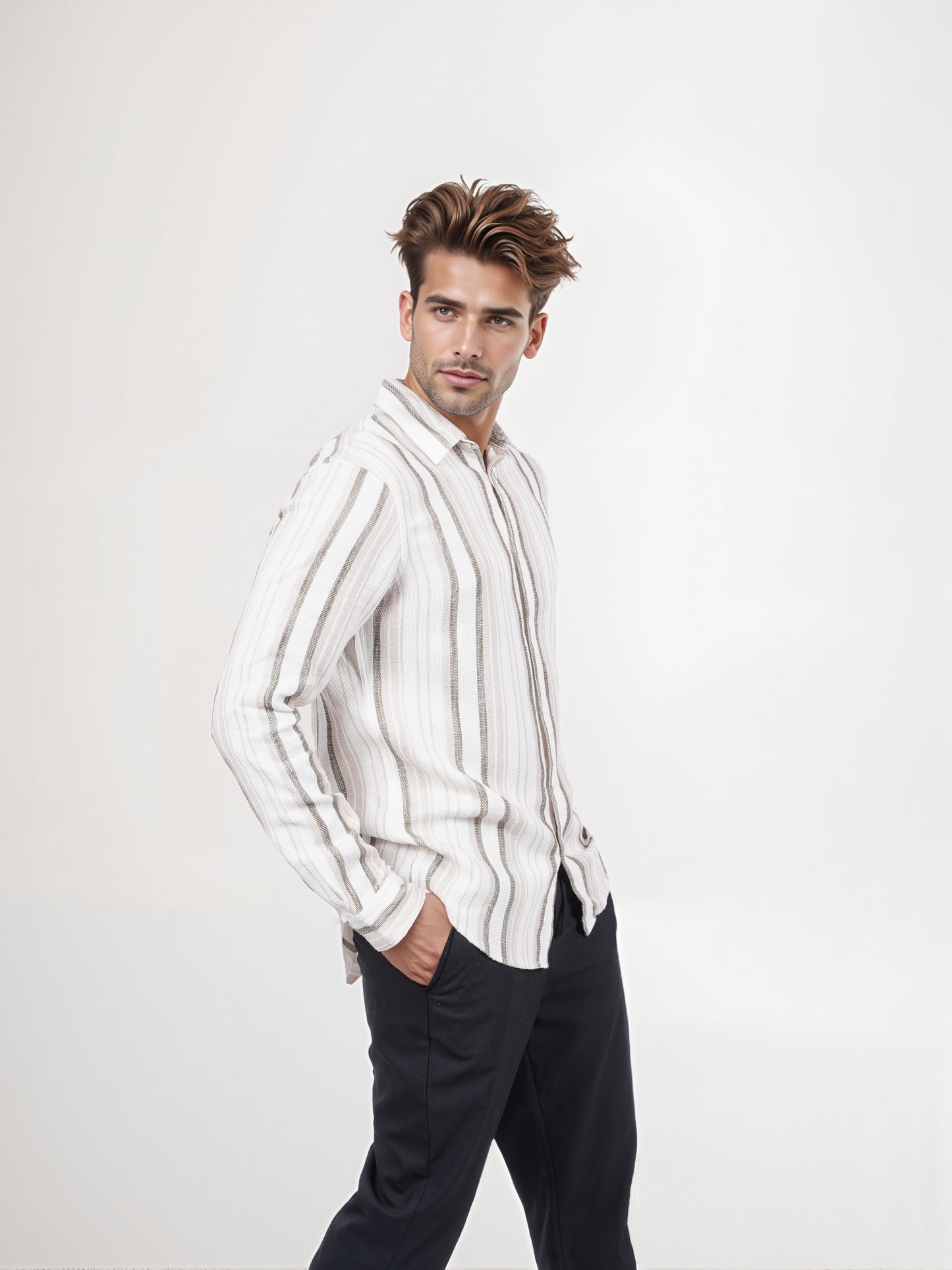 Celio* Men Beige Striped Regular Fit Cotton Shirt