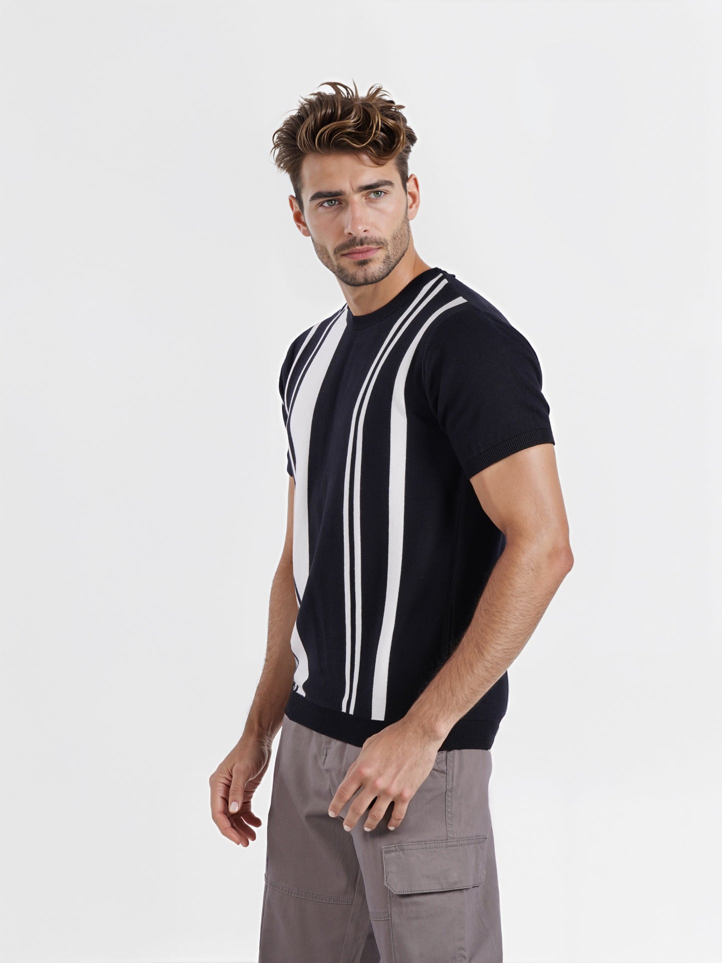 Celio* Men Black Striped Regular Fit Cotton T-shirt