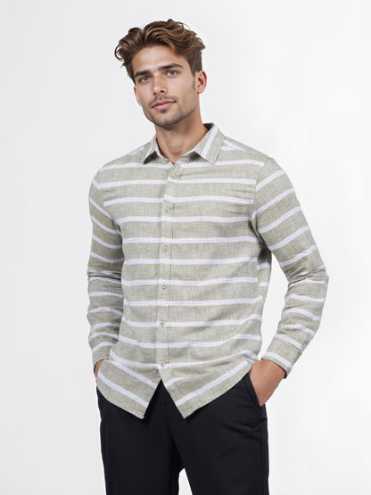 Celio* Men Green Striped Slim Fit Cotton Shirt