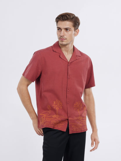 Celio* Men Red Embroidered Boxy Cotton Shirt