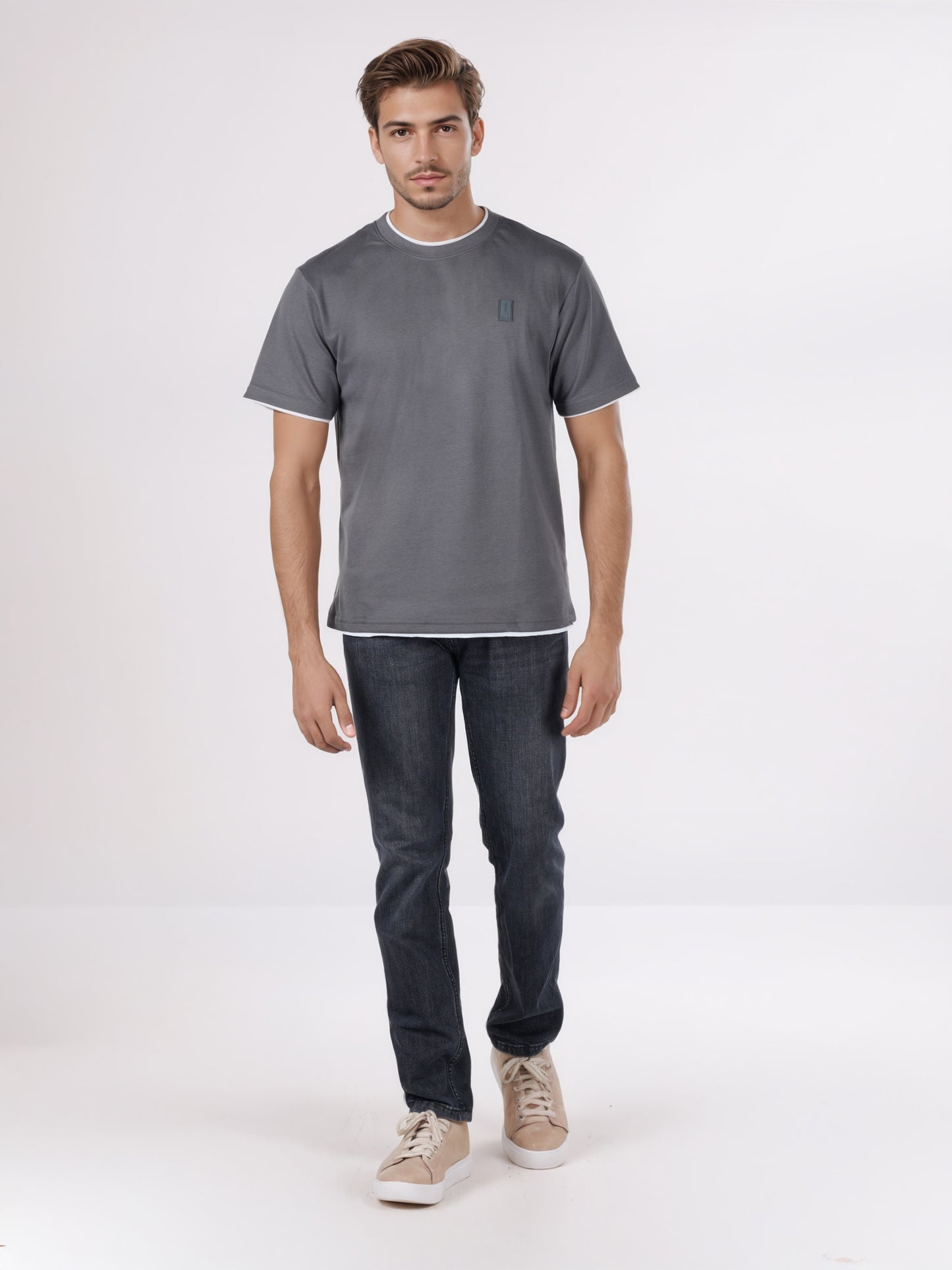 Celio* Men Grey Solid Boxy Fit Cotton-Poly-Blend T-Shirts