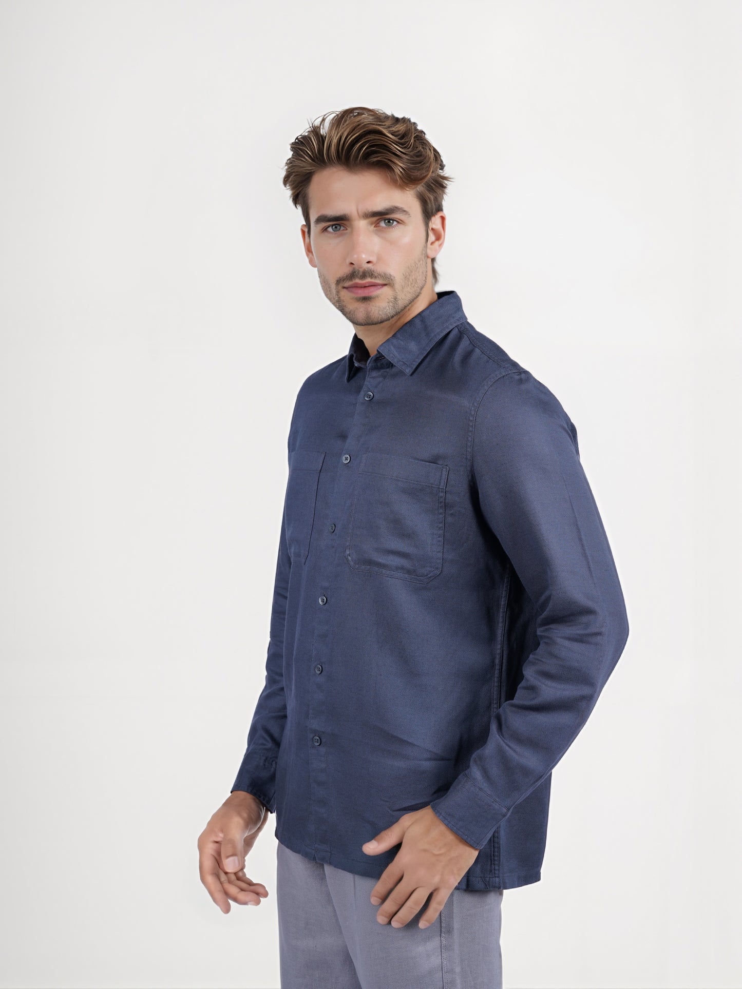 Celio* Solid Overshirt Linen-Blend Navy Blue Shirt