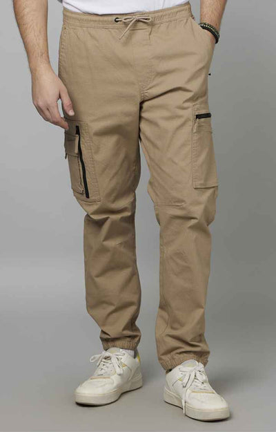Celio* Cotton-Blend Regular Fit Beige Trouser