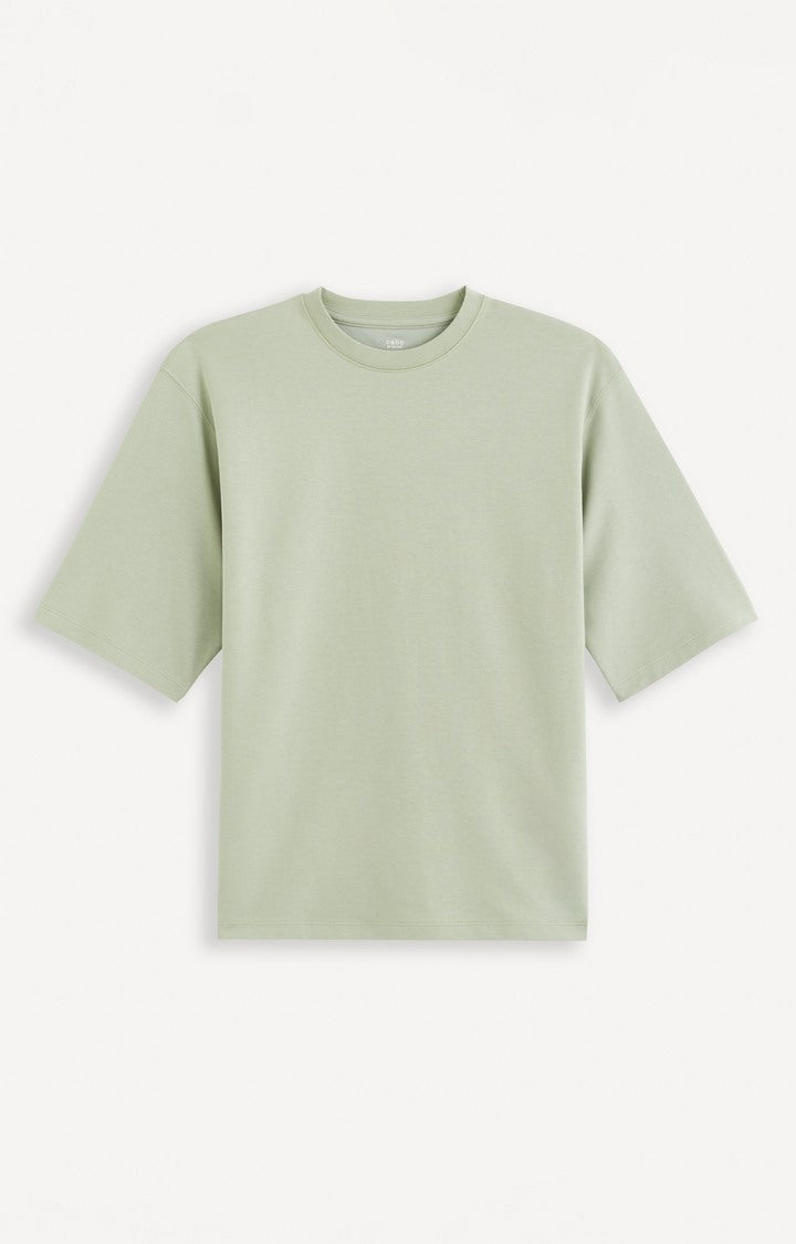 Celio* Solid Boxy Fit Cotton Green T-Shirt