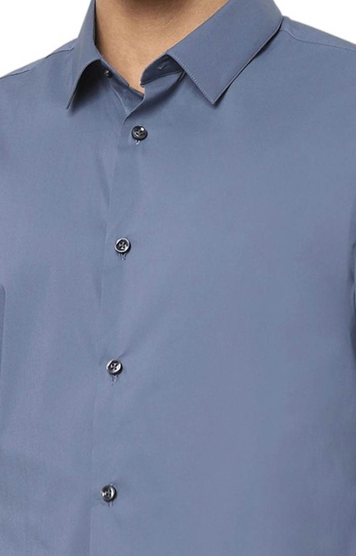 Celio* Solid Regular Fit Cotton-Blend Blue Shirt