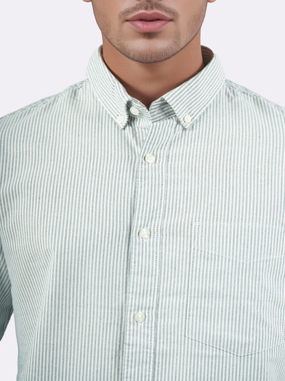 Celio* Men Green Striped Regular Fit Cotton Shirts