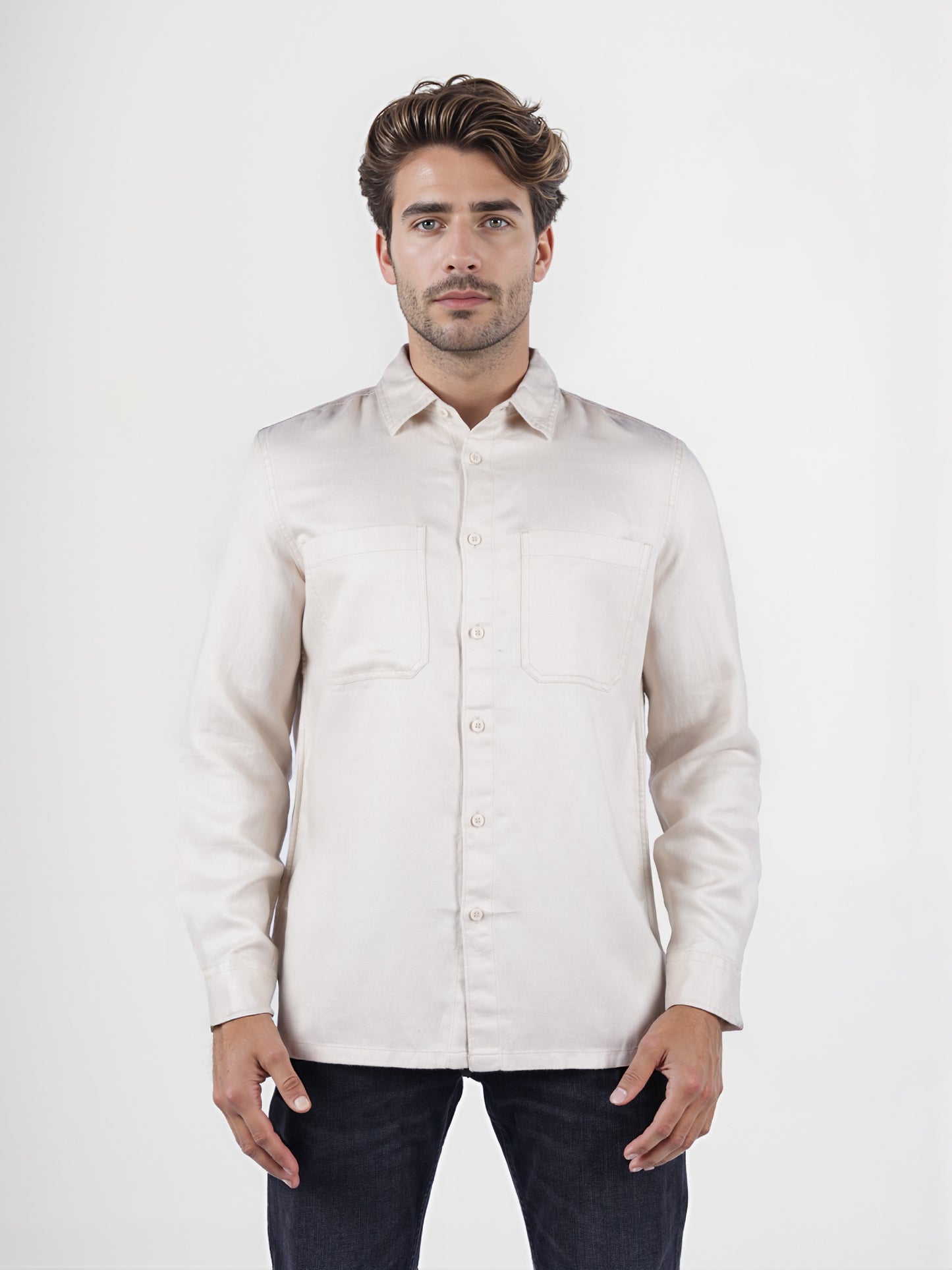 Celio* Solid Overshirt Linen-Blend Beige Shirt