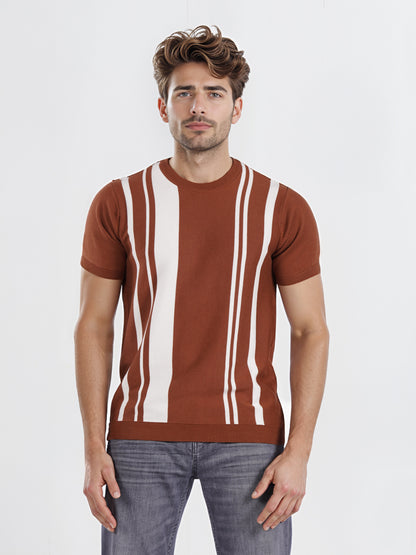 Celio* Men Brown Striped Regular Fit Cotton T-shirt
